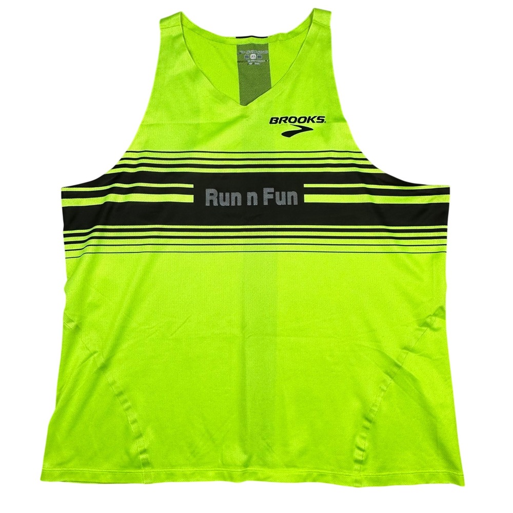 Brooks Mens XL Neon Green Run n Fun Road Warriors Running Singlet Tank Top